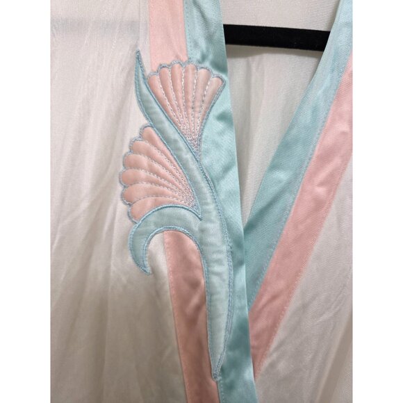 Vintage Vanity Fair White Satin Long Y2K 80s Victorian Robe Pastel Pink & Blue E - Picture 3 of 10
